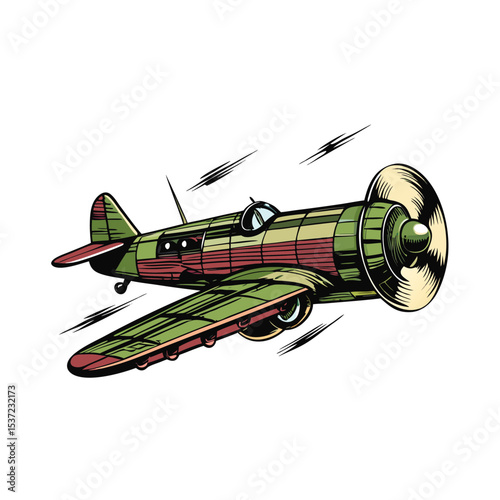 Vintage military airplane vector illustration flying high in the sky showing speed