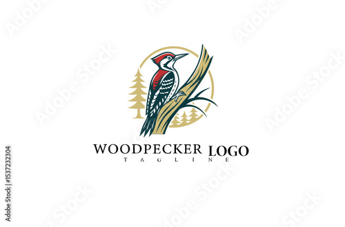 Woodpecker Bird Logo with Forest Motif. Vector Design of Bird Perched on Tree. Nature-Inspired Brand Symbol for Wildlife Companies and Eco Product Packaging Design.

