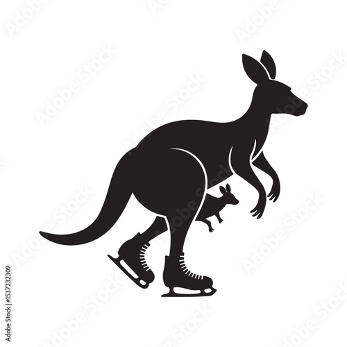 Kangaroo ice skating with baby joey in pouch wearing skates vector silhouette illustration