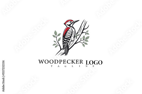 Nature-Themed Vector Logo with Woodpecker. Elegant Bird Perched on Tree Trunk in Clean Illustration Style. Great for Forest-Based Businesses and Eco Brand Identity.

