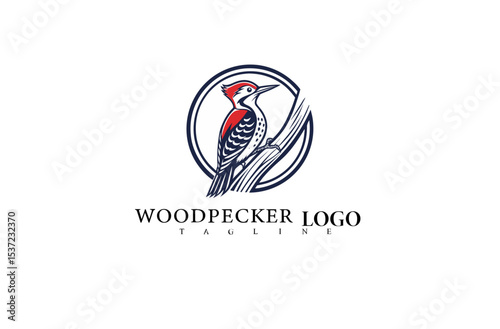 Woodpecker Logo Design Featuring Bird on Tree. Minimalist Vector Art for Nature Enthusiasts, Outdoor Brand Identity, and Wildlife Illustration Concepts for Modern Logos.

