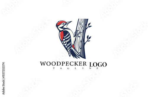 Stylish Woodpecker Vector Logo Design. Graceful Bird on Tree Trunk in Nature-Inspired Illustration. Ideal for Eco Branding, Forest Company Logos, and Birdwatching Clubs.

