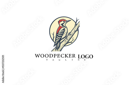 Woodpecker Logo Design Featuring Bird Perched on Tree. Detailed Vector Style for Natural Product Branding, Wildlife Clubs, and Forest Preservation Logos. Elegant and Bold.

