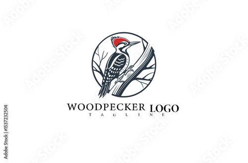 Woodpecker Illustration Logo for Nature-Themed Branding. Detailed Bird Perched on Tree Trunk Vector Design. Elegant and Minimalist Concept for Outdoor Business Identity.

