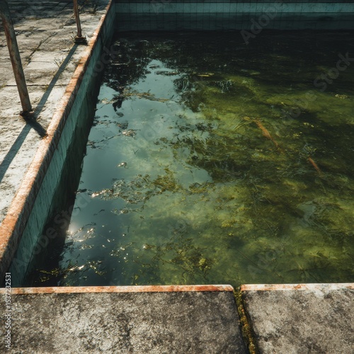 Dirty Swimming Pool with Green Water. A close-up view of a neglected swimming pool with murky green water, reflecting its surroundings