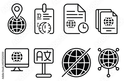 Line style vector icon set featuring global news elements such as world event markers, foreign correspondent badges, time zone update icons, international press releases, headline tickers, and multili
