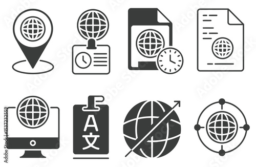 Line style icons set of global news coverage including world event marker, foreign correspondent badge, time zone update icon, international press release, global headline ticker, multilingual story t