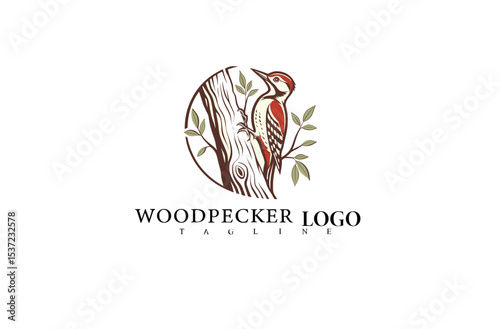 Woodpecker Tree Logo Design with Natural Vibes. Stylish Bird Vector Illustration Ideal for Eco Branding, Wildlife Foundations, and Sustainable Product Labeling Concepts.

