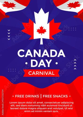Canada Day poster template with maple leaf. Canada Day carnival poster with Canadian flag on blue vertical background