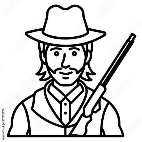 A retro cartoon cowboy with a gun and a smiling face