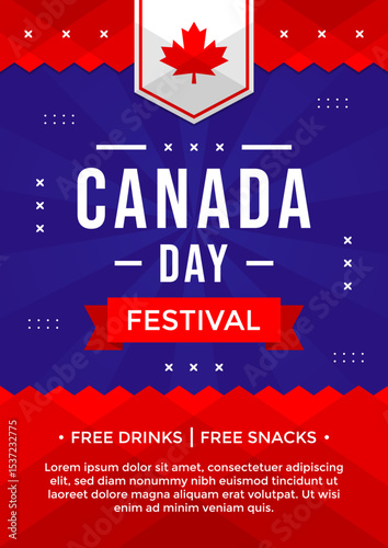 Canada Day festival poster illustration template with red maple on blue suitable for invitation and social media post. Celebrate Canada Day poster