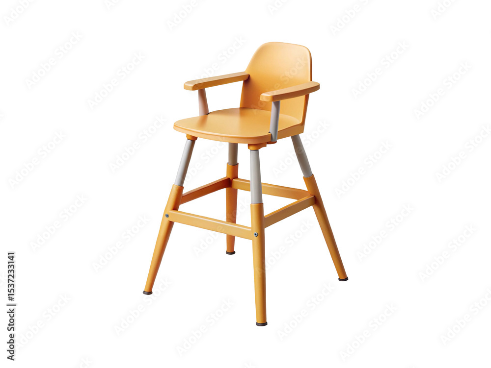 Fototapeta premium A modern orange baby high chair with adjustable height on a white background