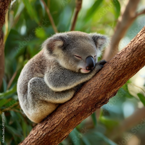 Cute cartoon koala sleeping on a tree branch isolated on white background. Koala lying on the tree. Side view. Vector illustration.