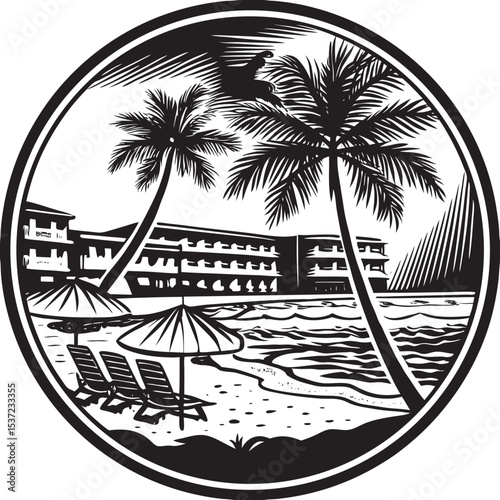 Hand-sketch beach hotel graphics. Eco resort vintage t-shirt print design for vector graphic. Summer beach artwork, one-color screen print design, on a white