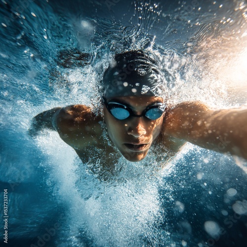 Dynamic image of young man, swimmer in motion, swimming freestyle stroke in pool, training. Concept of professional sport, health, endurance, strength, active lifestyle
