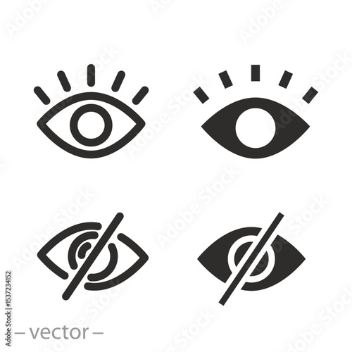invisible view icons, eye icon set, privacy, hidden eye, thin line symbols on white background, editable stroke vector illustration
