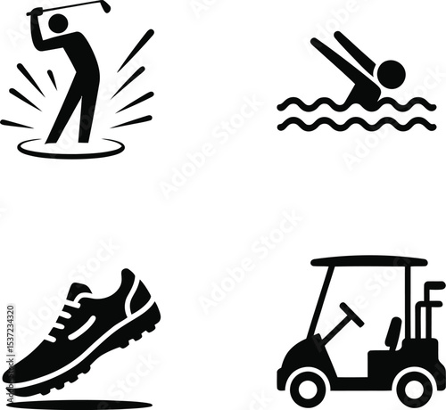 Simple Icons Representing Golf, Swimming, Sports Shoes, and Golf Cart