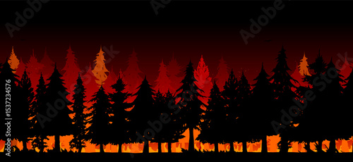 Vector illustration of a burning forest in silhouette style. Features dark trees, orange and red flames, and heavy smoke. A dramatic image symbolizing wildfire, climate change, and environmental destr