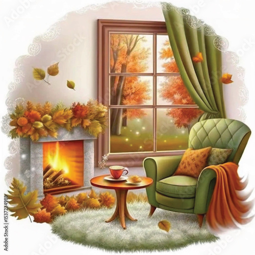 Cozy living room with green armchair and fireplace in autumn  