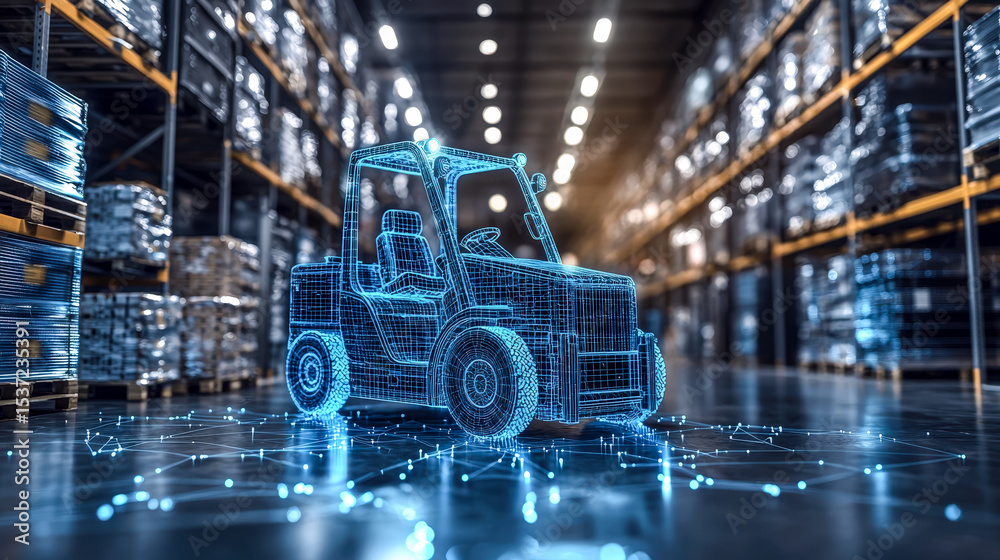 Fototapeta premium Digital hologram of forklift in a warehouse storage facility