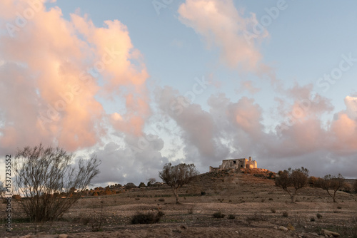Sunset over a farmhouse in the Cabo de Gata-Níjar Natural Park, Almeria