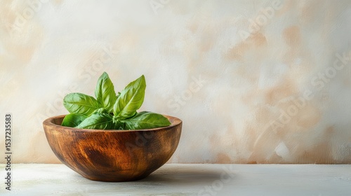 A rustic wooden bowl with fresh basil leaves on a light background