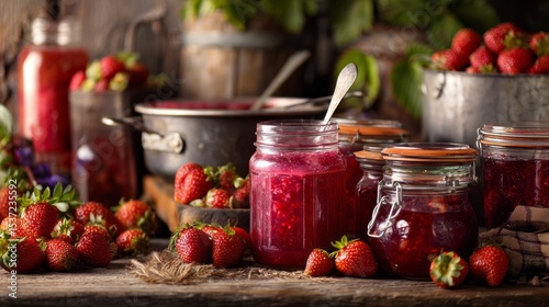 Wallpaper Mural A table with several jars of strawberry jam and a spoon Torontodigital.ca