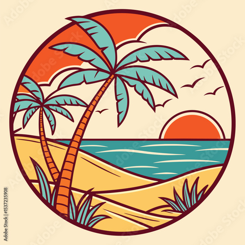 Warm sunset illuminates a tropical featuring palm trees and birds inside a circle
