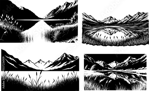 serene mountain lake surrounded by reeds and peaks
