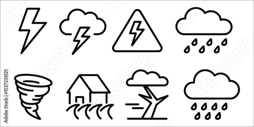 Collection of line style vector icons representing stormy weather such as lightning bolt, thundercloud, storm warning symbol, hailstones, flash flood icon, strong wind swirl, bending tree, and dark cl