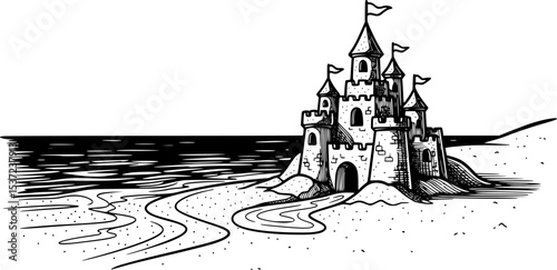 sandcastle on beach hand drawn vector illustration
