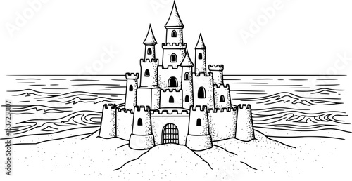 sandcastle on beach hand drawn vector illustration
