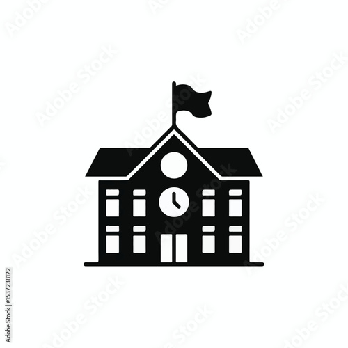 School Building with Clock and Flag Black Silhouette Vector Icon
