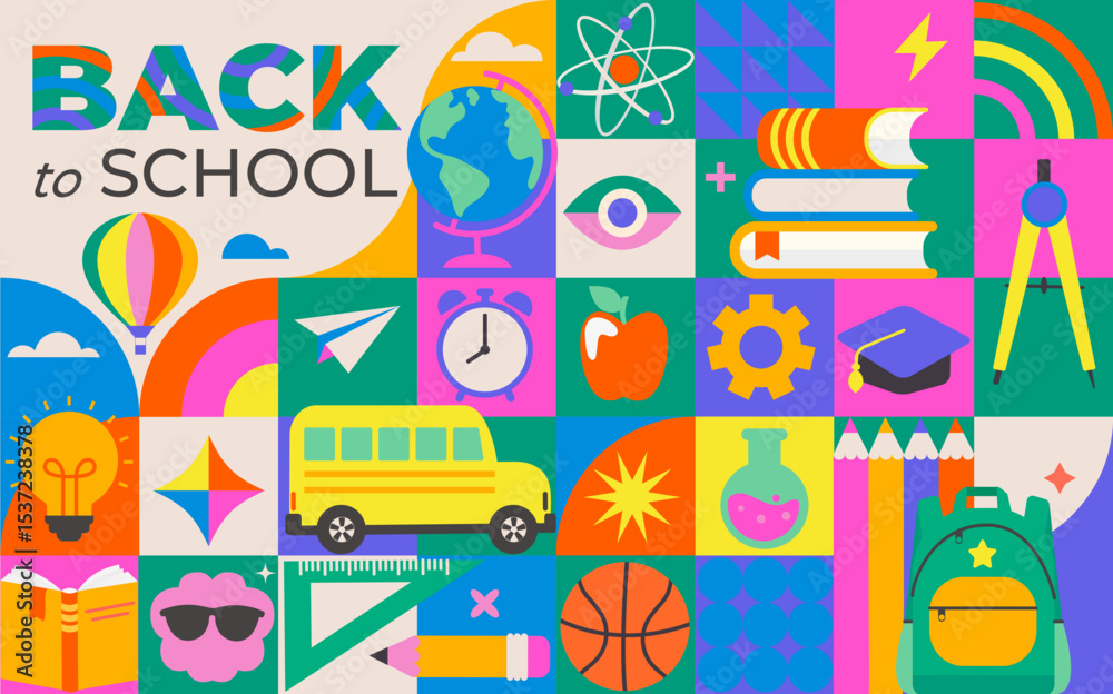 Naklejka premium Welcome back to school geometric background with school stationery elements-pencils,books,globe,clock,accessories for sports and creativity. School educational template in square tile style. Vector