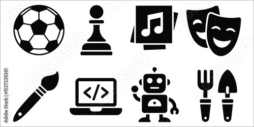 Solid style icons set of afterschool activities including soccer ball, chess piece, music sheet, theatre mask, painting brush, coding laptop, robotics kit, and gardening tools for education and hobby 