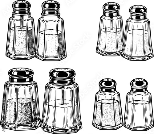salt and pepper shakers set with detailed glass texture hand drawn

