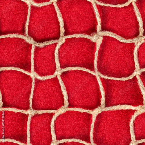 Seamless 4k photo texture material of cloth rope braided net mesh on red suede leather surface.