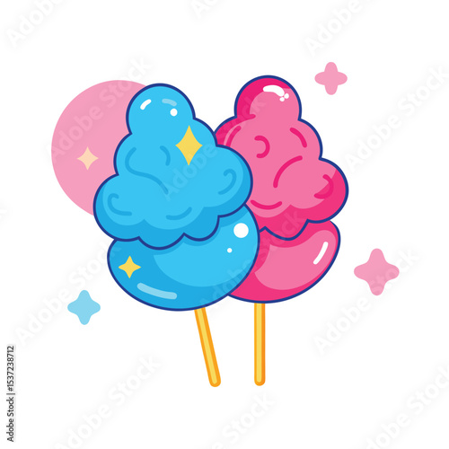 Cute and colorful cotton candy illustration featuring blue and pink sweet treats.