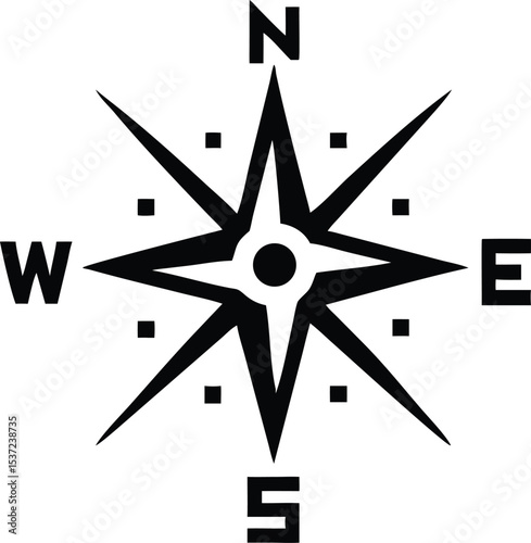 A striking black and white compass rose design featuring directional markers: North, East, South, and West, symbolizing navigation and adventure.
