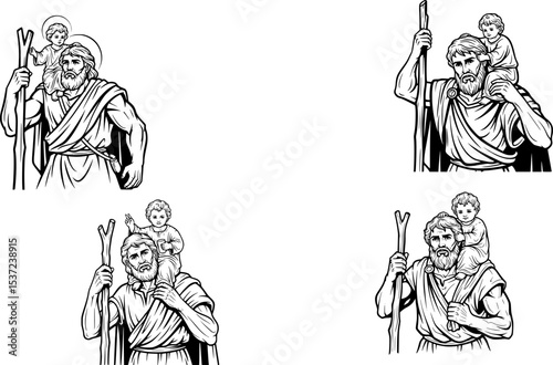saint christopher carrying child jesus hand drawn illustration
 photo