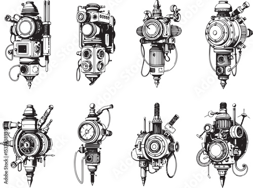 Mechanism set, retro, vintage, steampunk, cyberpunk, decorative elements. Ideal design for social media, cover, banner, flyer, music, ads.	