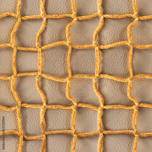 Seamless 4k photo texture material of cloth rope braided net mesh on light brown leather surface.
