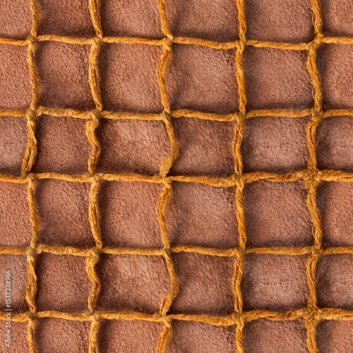 Seamless 4k photo texture material of cloth rope braided net mesh on light brown suede leather surface.