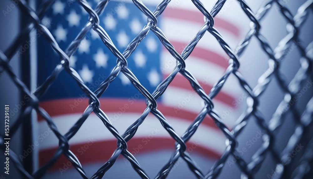 Fototapeta premium Flag Of The United States Displayed Behind A Chain Link Barrier