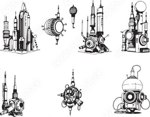 Mechanism set, retro, vintage, steampunk, cyberpunk, decorative elements. Ideal design for social media, cover, banner, flyer, music, ads.	