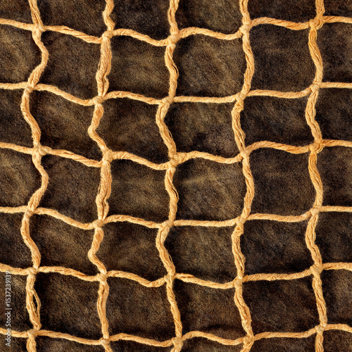 Seamless 4k photo texture material of cloth rope braided net mesh on brown suede leather surface.