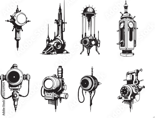 Mechanism set, retro, vintage, steampunk, cyberpunk, decorative elements. Ideal design for social media, cover, banner, flyer, music, ads.	