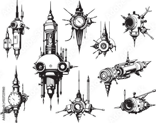 Mechanism set, retro, vintage, steampunk, cyberpunk, decorative elements. Ideal design for social media, cover, banner, flyer, music, ads.	