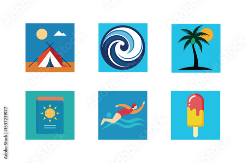 A set of colorful summer vacation icons depicting beach holiday activities
