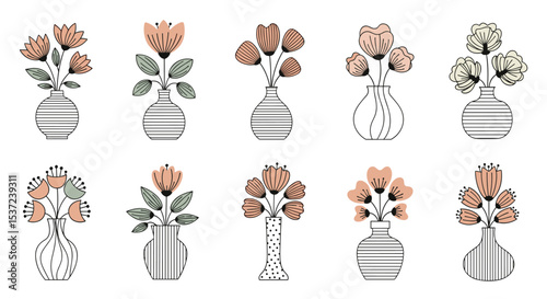 Collection of Flower Arrangements in Vases Decorative Floral Bouquets Isolated on White
